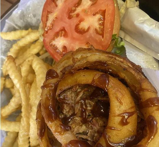 The Rodeo Burger with crinkle-cut fries